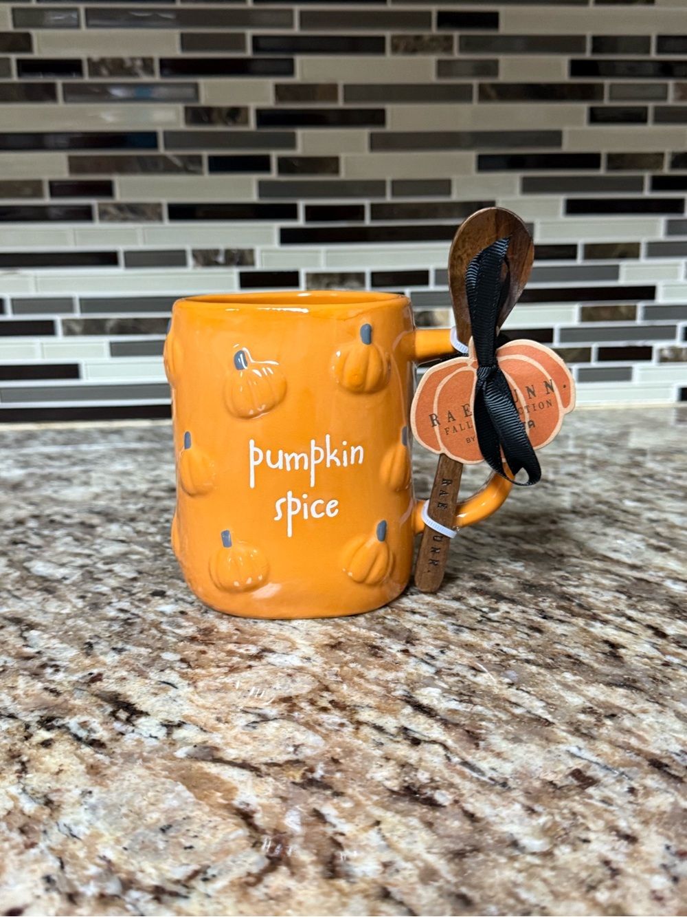 Rae Dunn Orange 'pumpkin spice' Ceramic Mug with Spoon